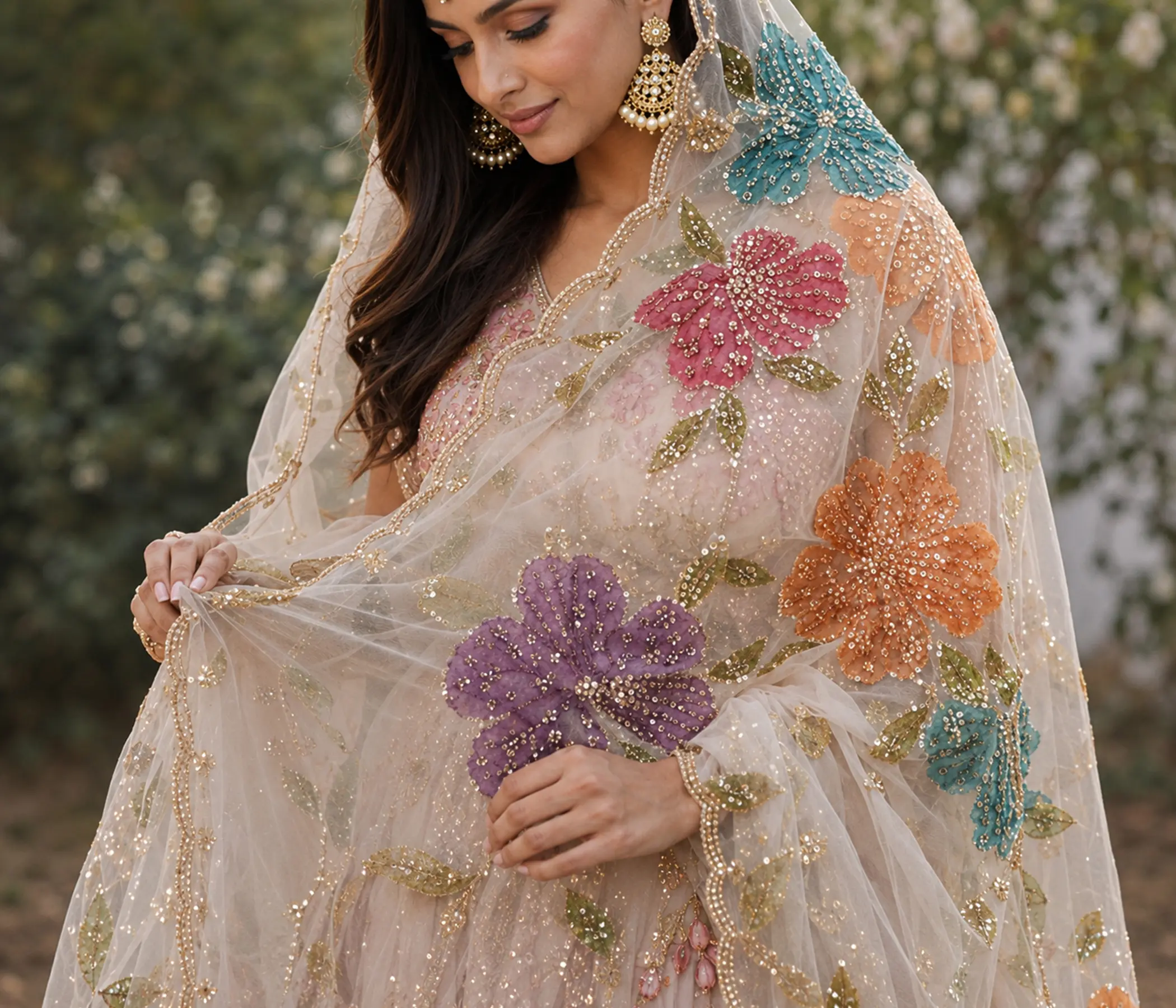 Hand Painted and Dabka work Organza Dupatta